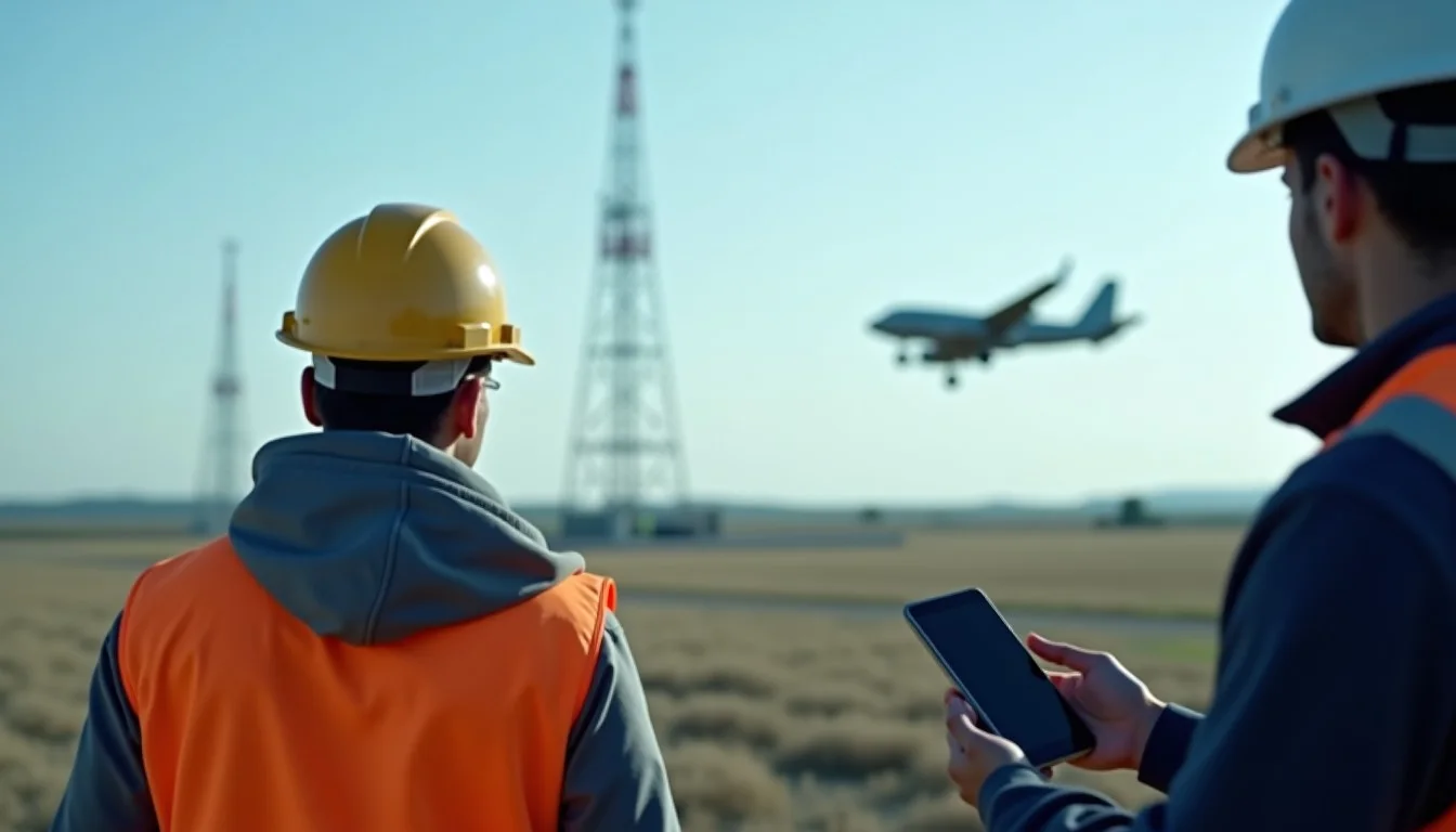Remote pilot holding a signal-measurement phone beside a commercial drone as a small airplane and cell towers appear over farmland.