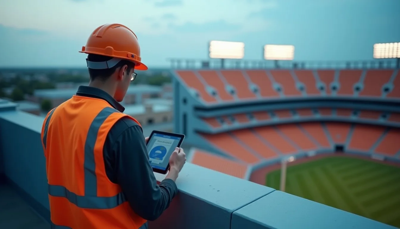 Part 107 drone pilot on a rooftop overlooking an Arizona stadium parking lot with a keep-out ring on a tablet.