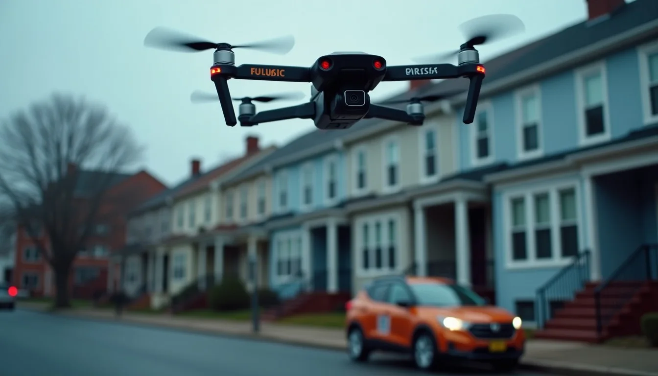Public-safety quadcopter flying above a residential Boston street of triple-decker houses and a parked compact car.