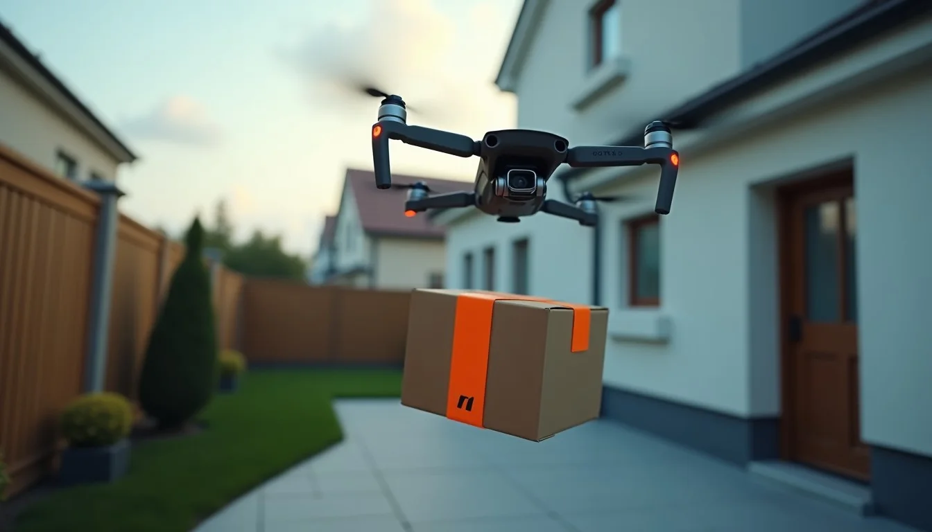 Delivery drone hovering over a suburban backyard as a cardboard package falls from the aircraft toward a patio.