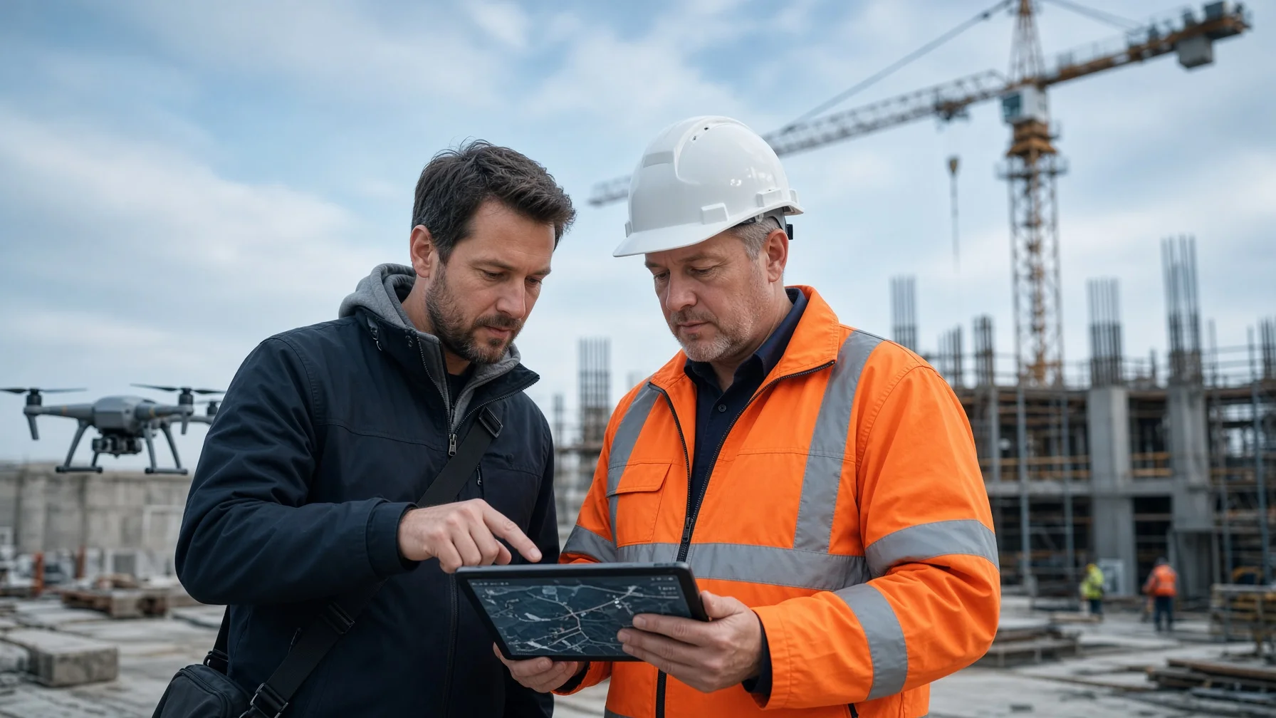 Drone pilot and construction superintendent reviewing a site flight plan before launch.