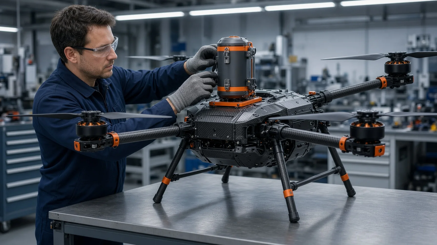 Technician inspecting a parachute module installed on an enterprise drone.