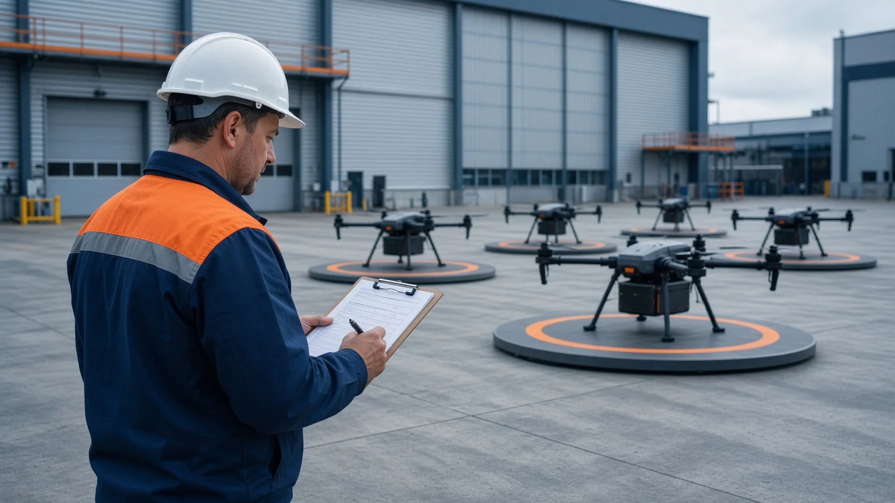 Commercial drone contractor reviewing a written site-documentation scope beside a generic logistics facility.