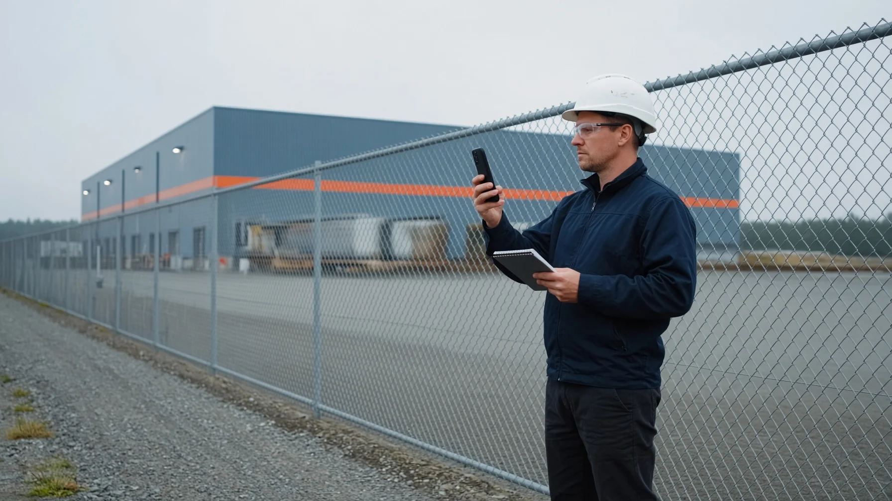 Contractor recording site conditions near a logistics facility.