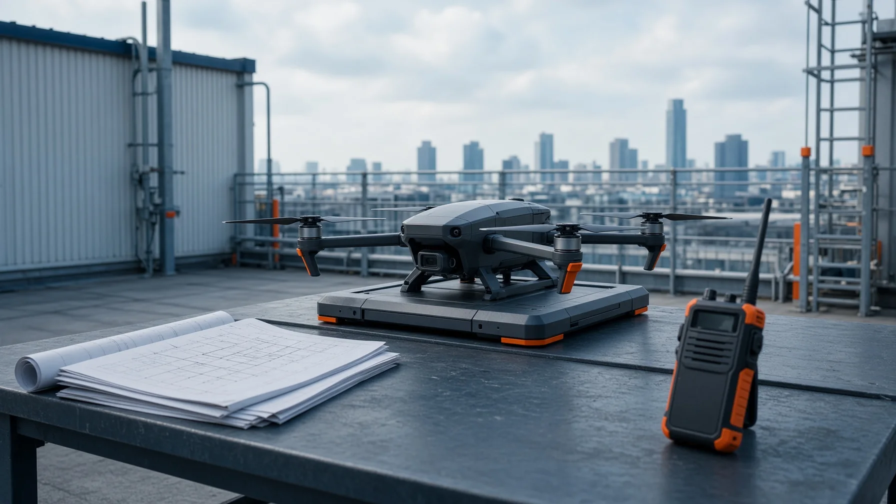 Public-safety drone program planning documents beside an enterprise drone dock