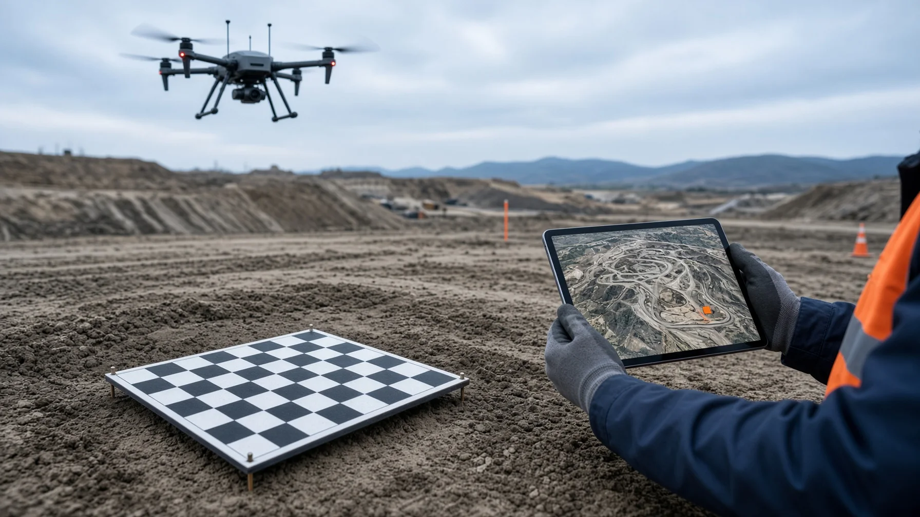 Drone mapping accuracy plan showing a ground control target, independent checkpoint, RTK drone, and orthomosaic deliverable.