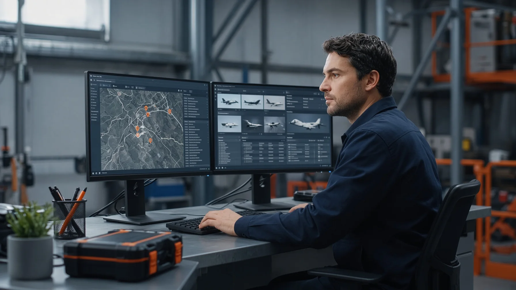 Commercial drone operations coordinator reviewing a multi-site mission schedule and aircraft records.