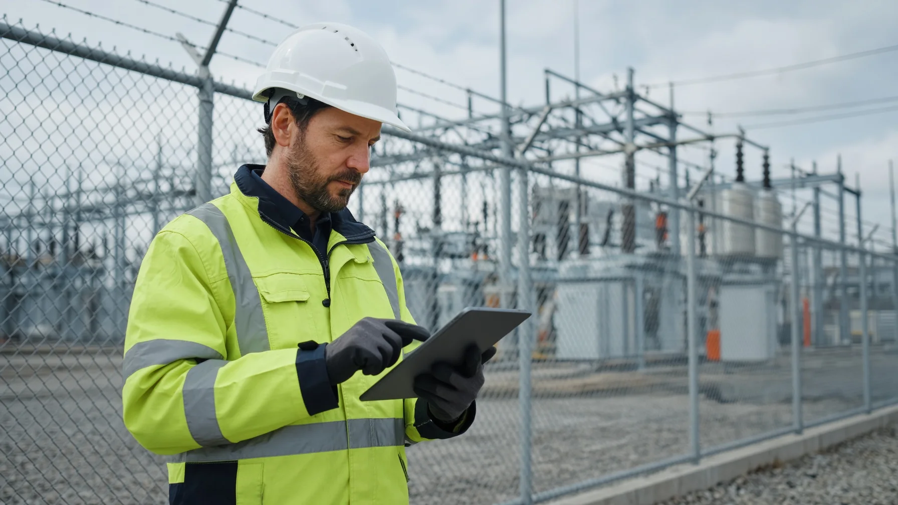 Commercial drone pilot reviewing current FAA airspace information before an industrial inspection.