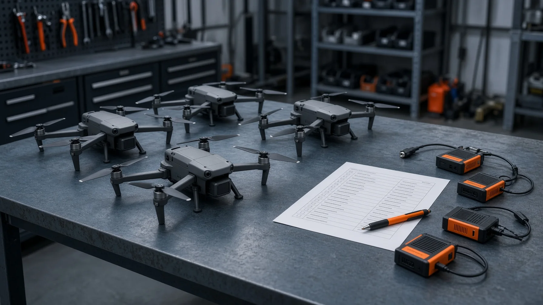 Commercial drone fleet and Remote ID modules arranged beside a compliance audit checklist