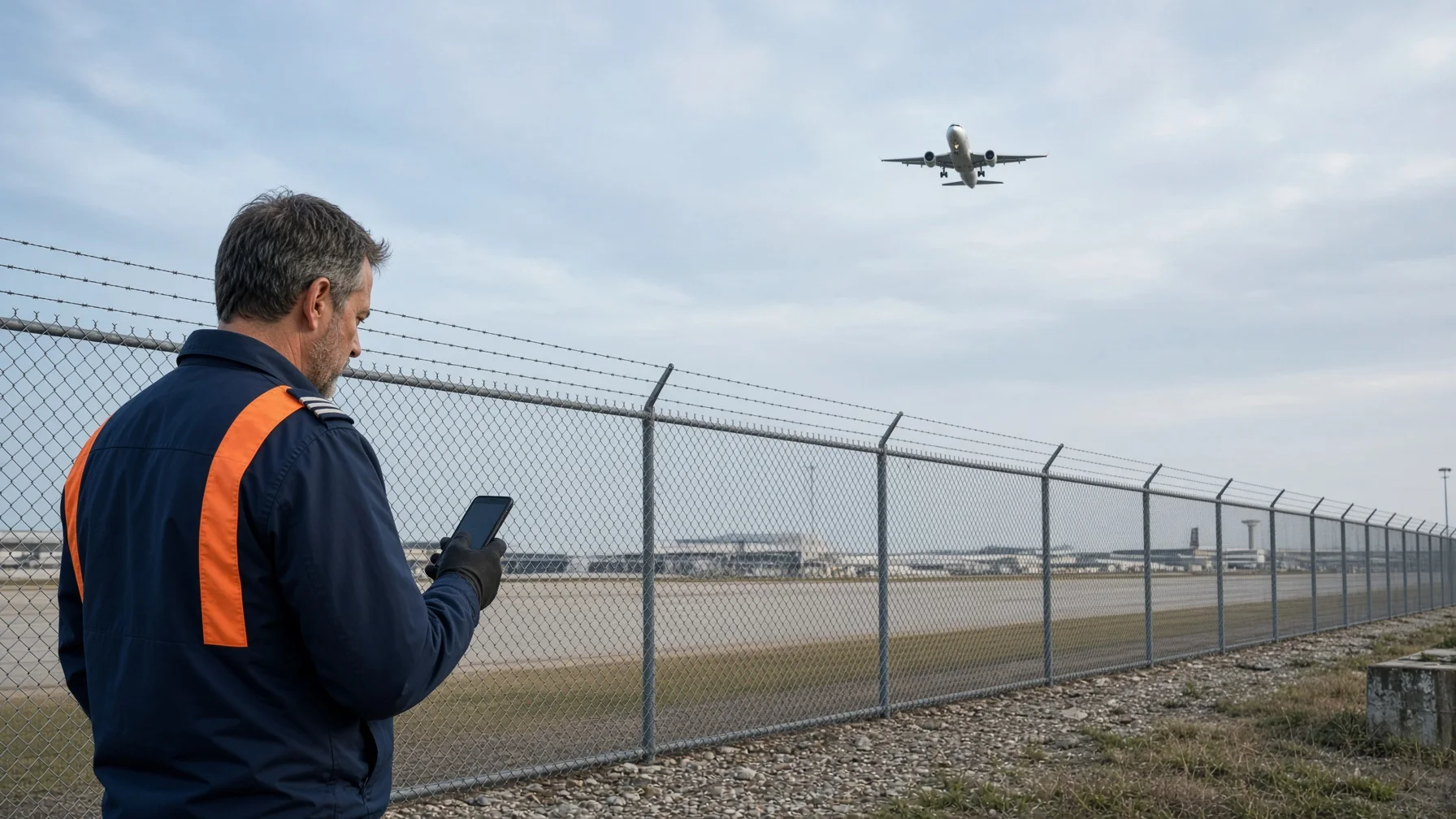 Drone pilot reviewing controlled-airspace authorization near a major airport