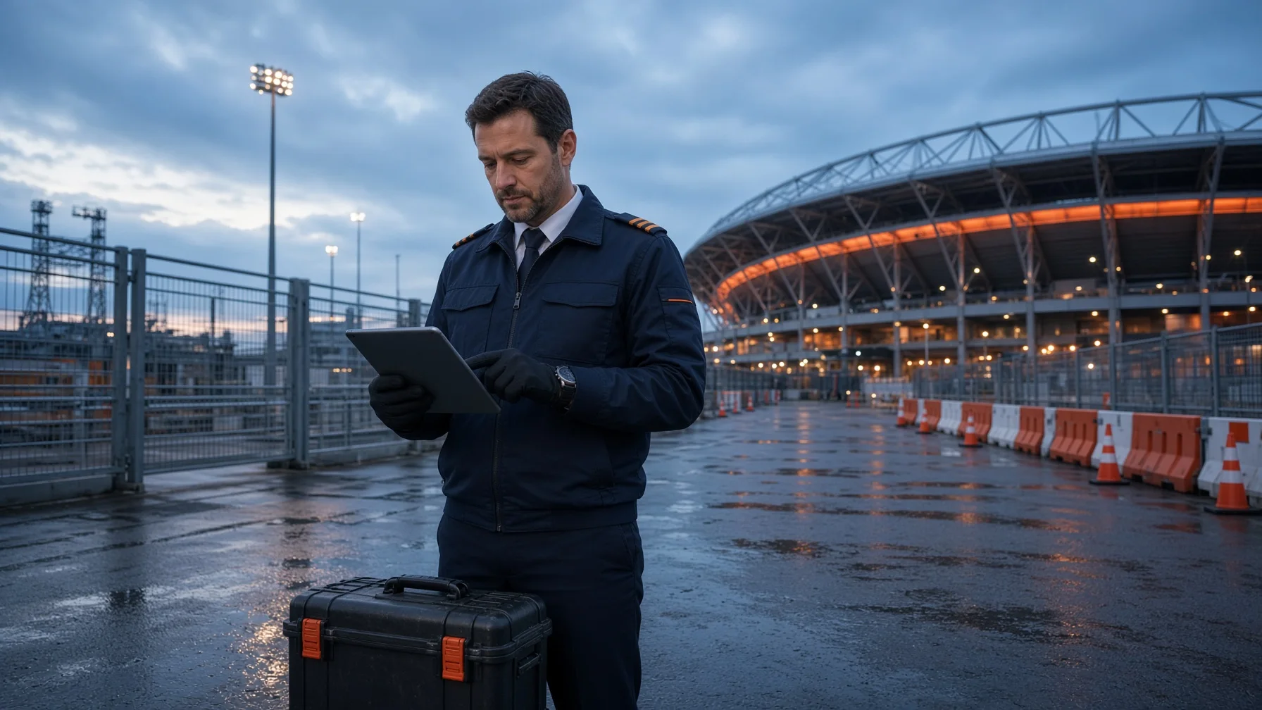 Commercial drone pilot reviewing an active temporary flight restriction outside a generic stadium district.