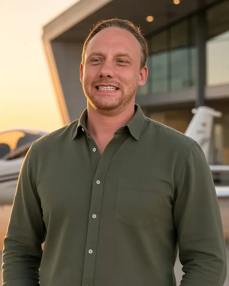 Bob Rahm, pilot in command and FAA Part 107 drone pilot for Drone Contractors, on an airport tarmac at sunset