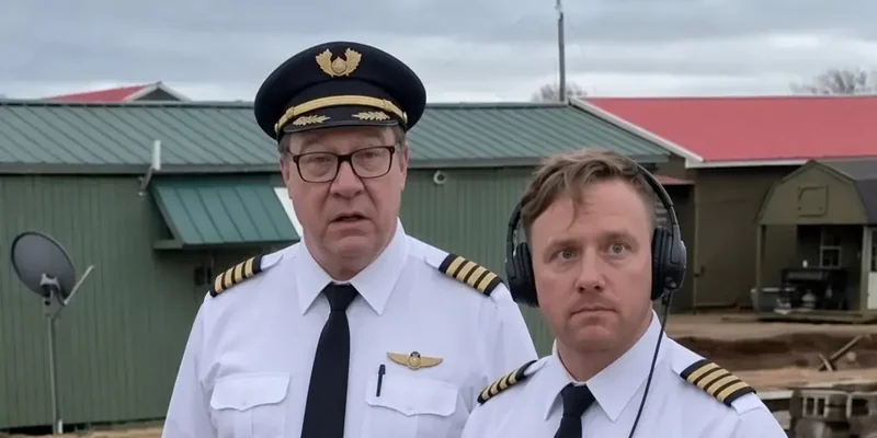 Two Part 107 drone operators in pilot uniforms with a remote controller